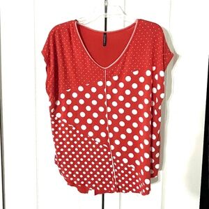 Orange White Polka Dot Patchwork V-Neck Top Size Large